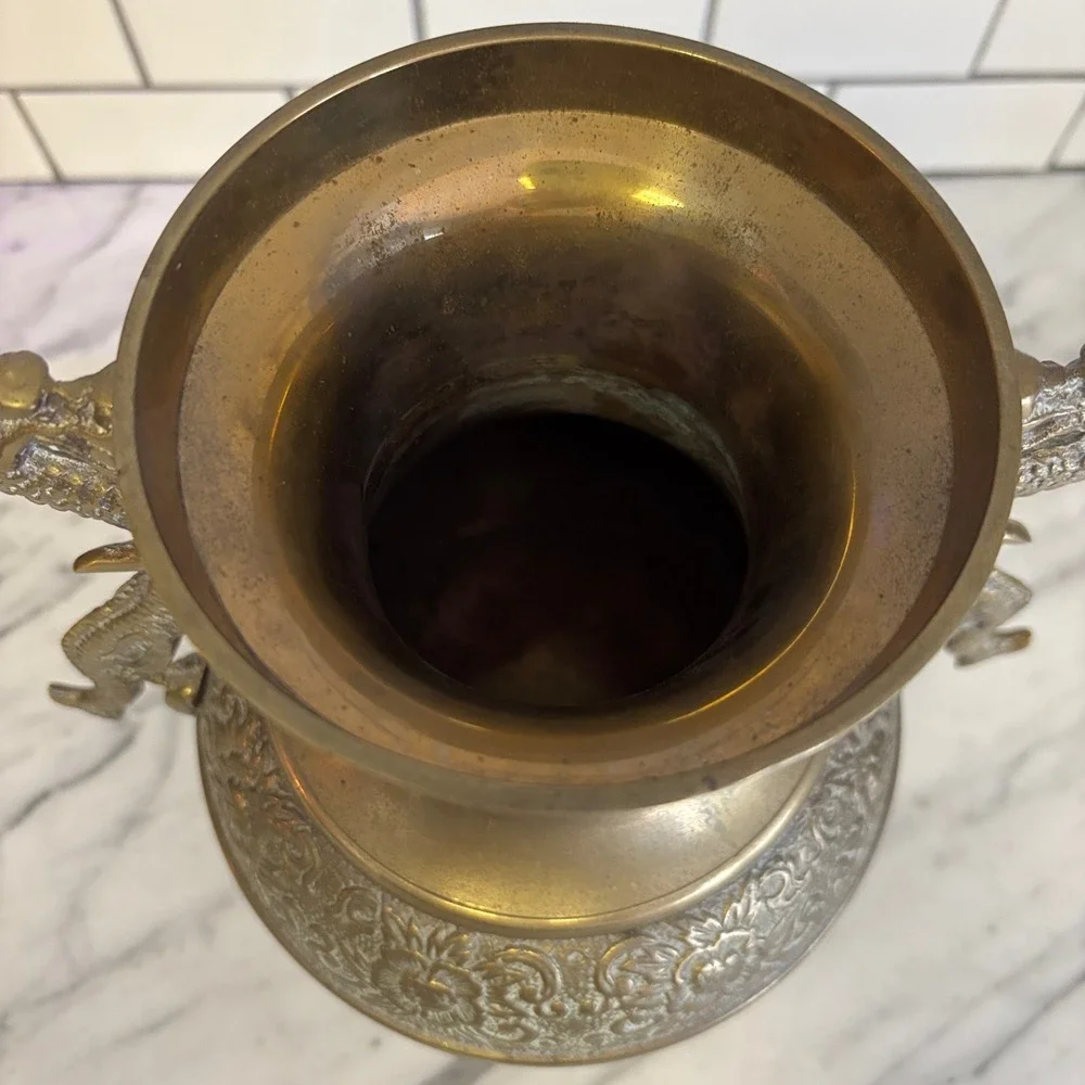 Vintage Brass Dragon Handles Floral Embossed Heavy Urn Style Vase Made in Korea